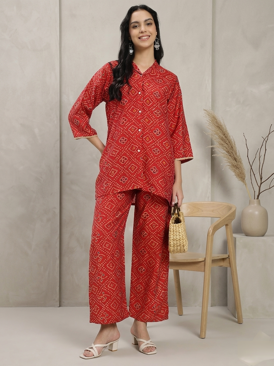 Red Printed Co-ord Set with Shirt Collar & Wide-Leg Pants