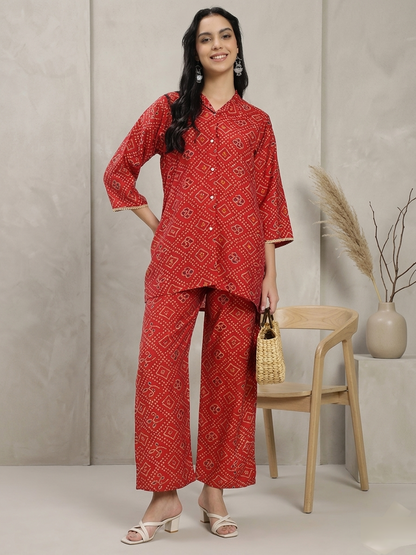 Red Printed Co-ord Set with Shirt Collar & Wide-Leg Pants