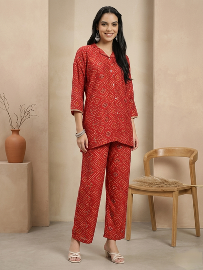 Red Printed Co-ord Set with Shirt Collar & Wide-Leg Pants