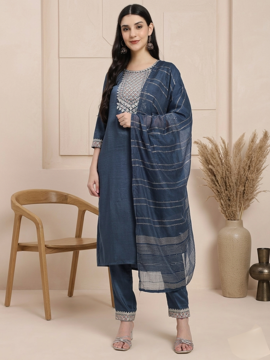 Elegant Navy Blue Embroidered Kurta with Straight Trousers & Striped Dupatta