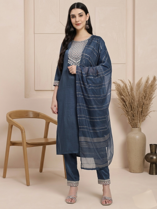 Elegant Navy Blue Embroidered Kurta with Straight Trousers & Striped Dupatta
