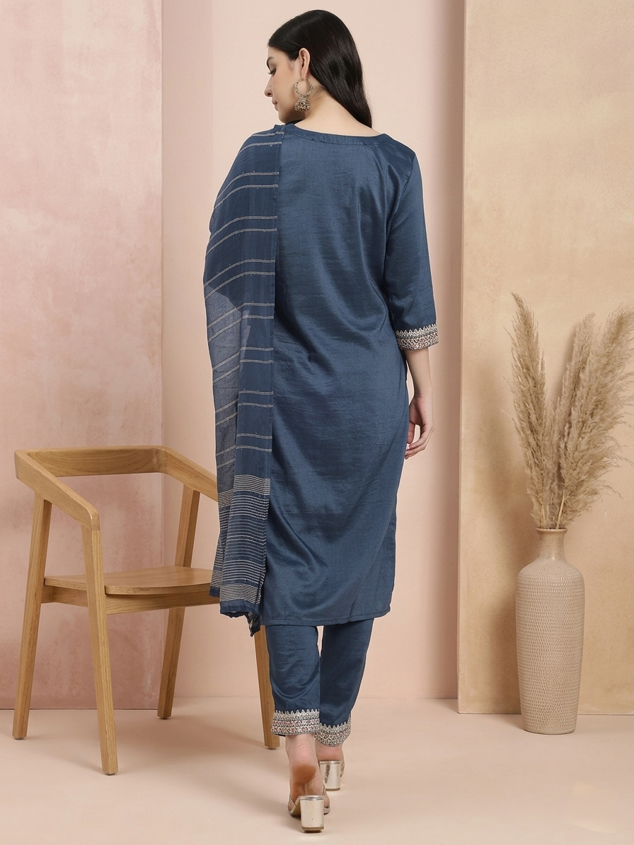 Elegant Navy Blue Embroidered Kurta with Straight Trousers & Striped Dupatta