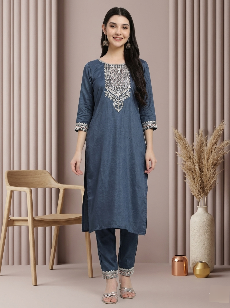Elegant Navy Blue Embroidered Kurta with Straight Trousers & Striped Dupatta