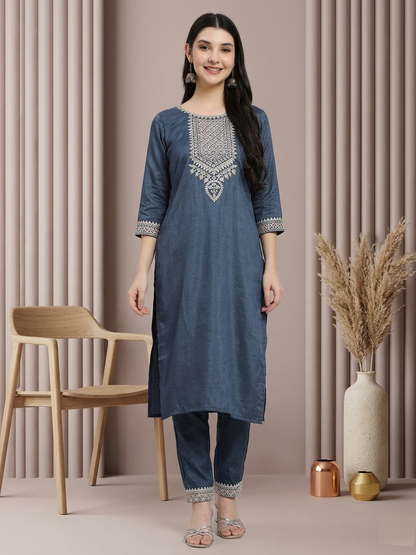 Elegant Navy Blue Embroidered Kurta with Straight Trousers & Striped Dupatta
