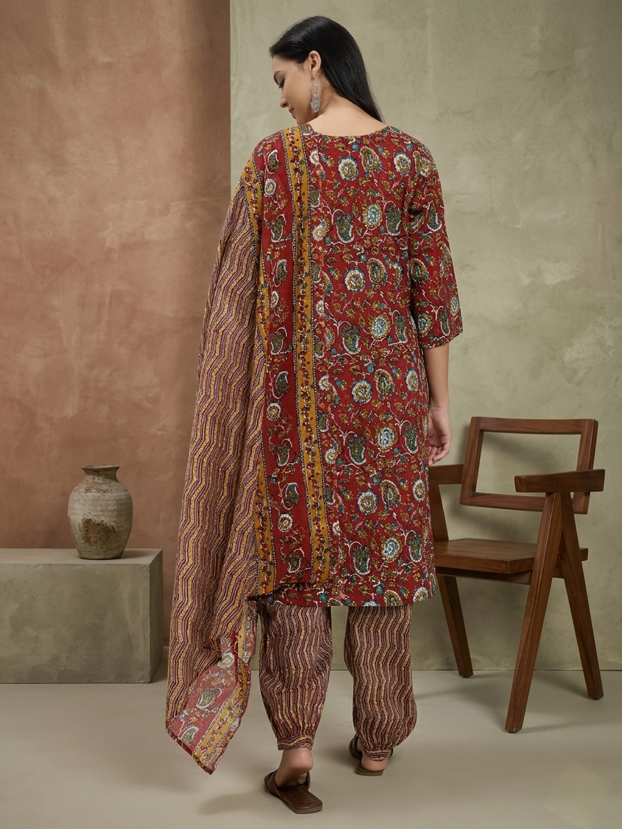 Rust Red & Brown Cotton Printed Salwar Suit Set