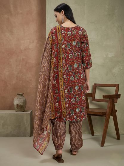 Rust Red & Brown Cotton Printed Salwar Suit Set