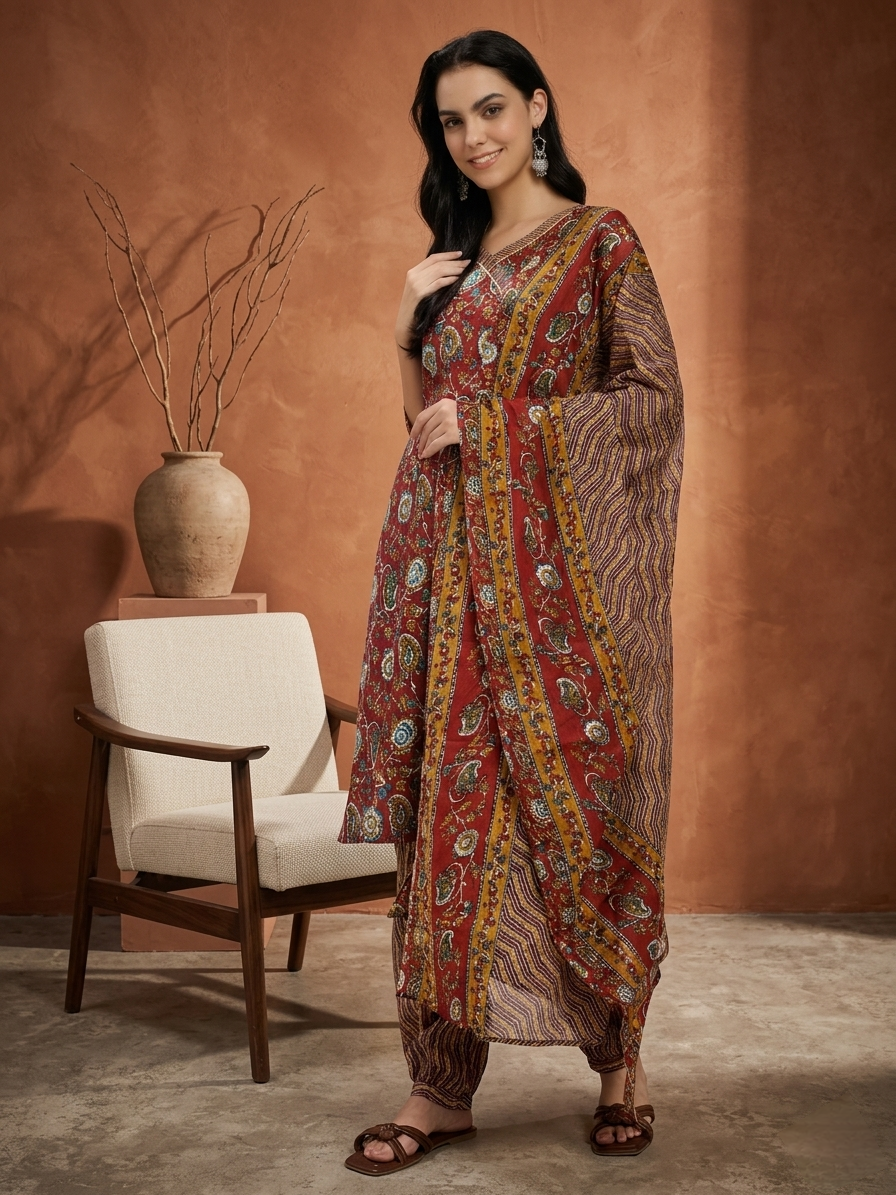 Rust Red & Brown Cotton Printed Salwar Suit Set