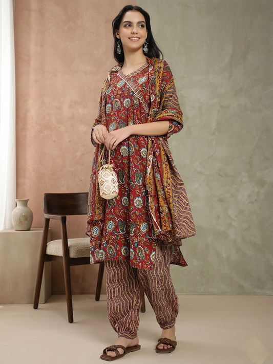 Rust Red & Brown Cotton Printed Salwar Suit Set