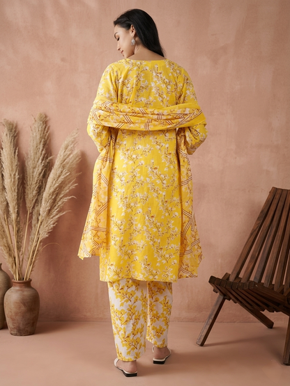 Bright Yellow & White Floral Printed Kurta Pant Dupatta Set
