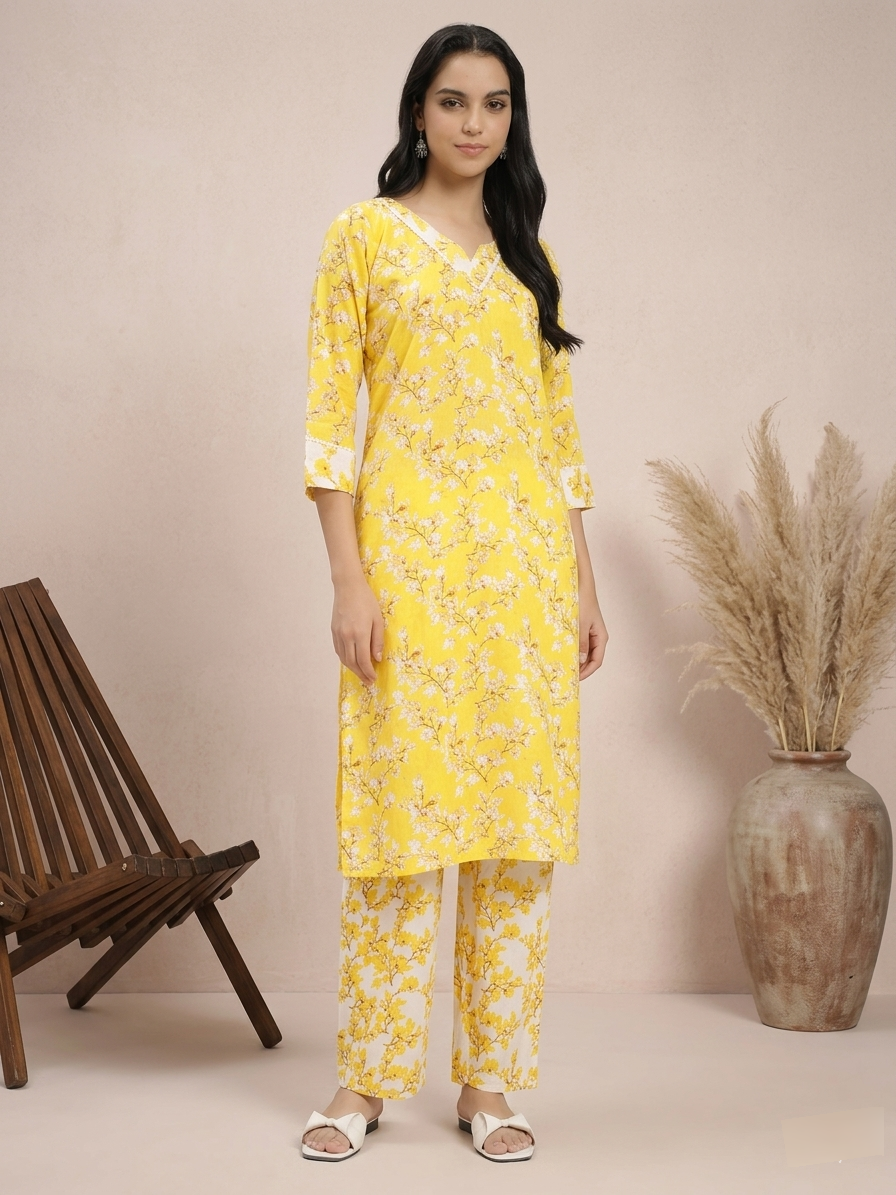 Bright Yellow & White Floral Printed Kurta Pant Dupatta Set