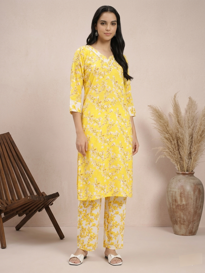 Bright Yellow & White Floral Printed Kurta Pant Dupatta Set