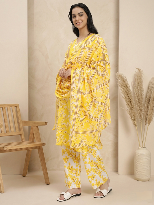 Bright Yellow & White Floral Printed Kurta Pant Dupatta Set