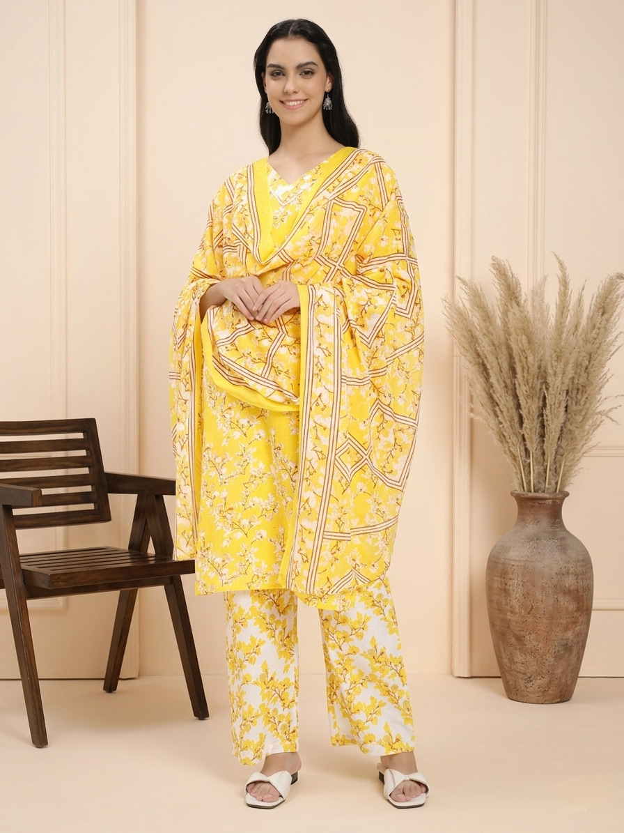 Bright Yellow & White Floral Printed Kurta Pant Dupatta Set