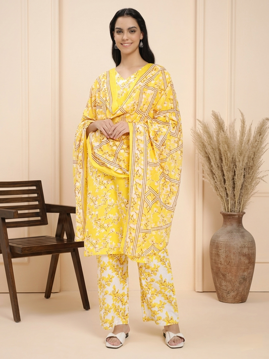Bright Yellow & White Floral Printed Kurta Pant Dupatta Set