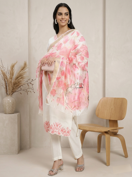 Off-White & Peach Embroidered Roman Silk Kurta Pant Dupatta Set