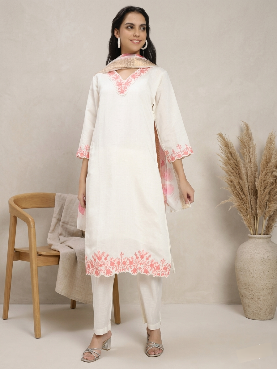 Off-White & Peach Embroidered Roman Silk Kurta Pant Dupatta Set