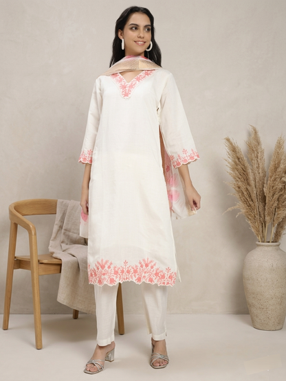 Off-White & Peach Embroidered Roman Silk Kurta Pant Dupatta Set