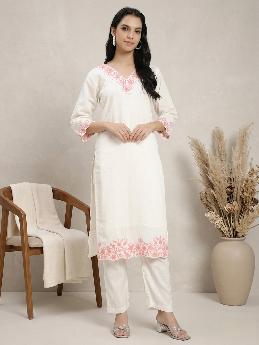 Off-White & Peach Embroidered Roman Silk Kurta Pant Dupatta Set