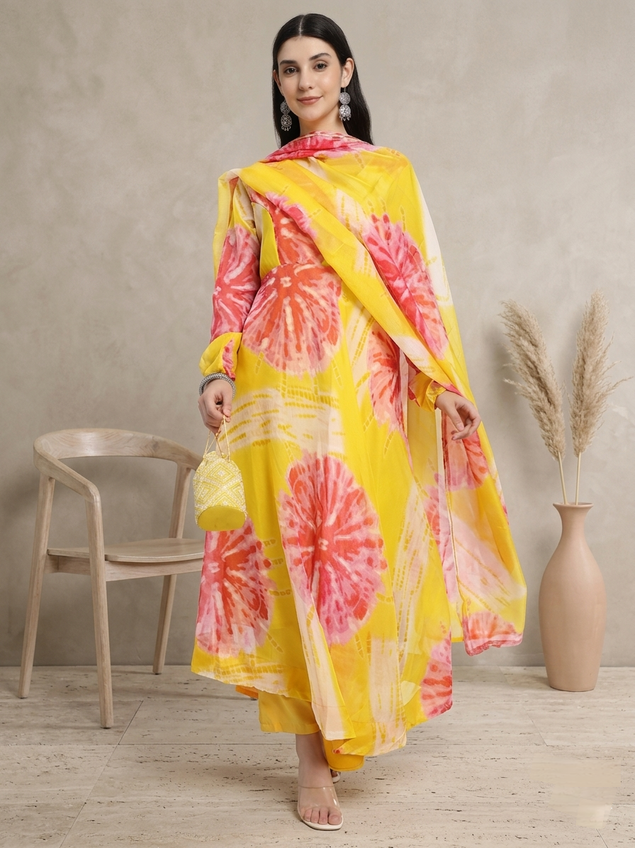 Bright Yellow Anarkali Suit Set with Abstract Floral Print and Dupatta