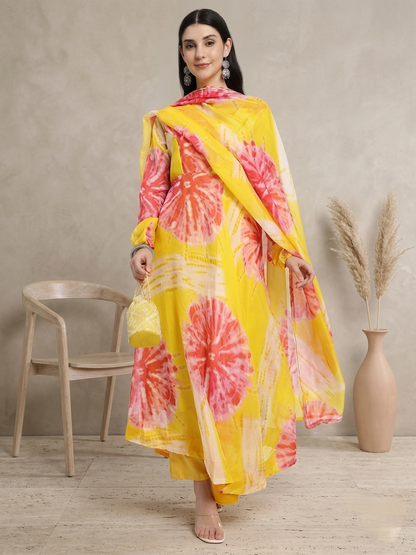 Bright Yellow Anarkali Suit Set with Abstract Floral Print and Dupatta