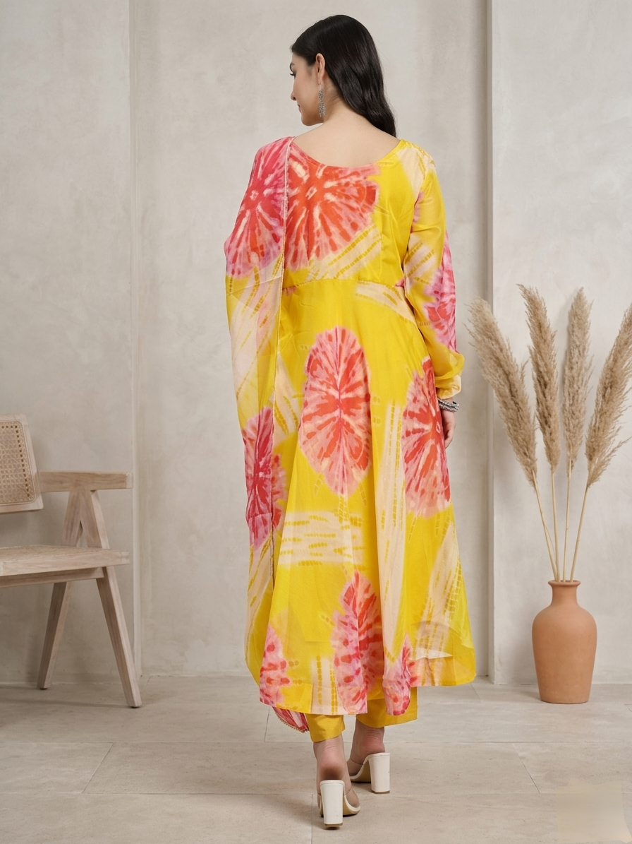 Bright Yellow Anarkali Suit Set with Abstract Floral Print and Dupatta