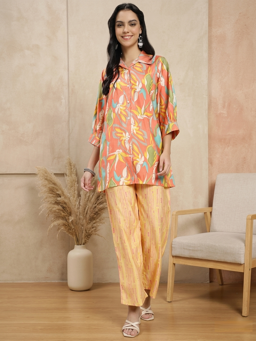 Floral Printed Co-ord Set with Shirt & Striped Palazzo pant