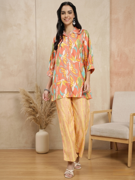 Floral Printed Co-ord Set with Shirt & Striped Palazzo pant