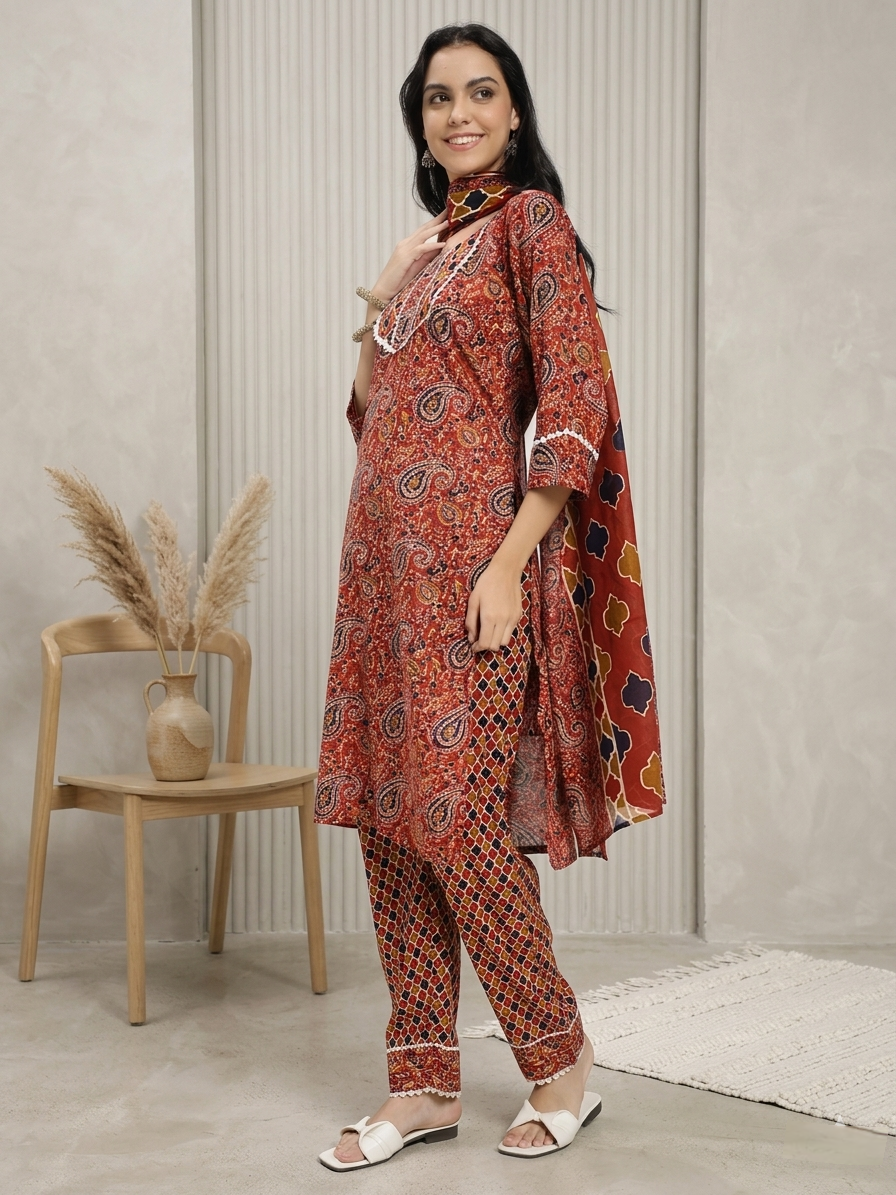 Rust Red & Brown Paisley Printed Kurta Pant Dupatta Set