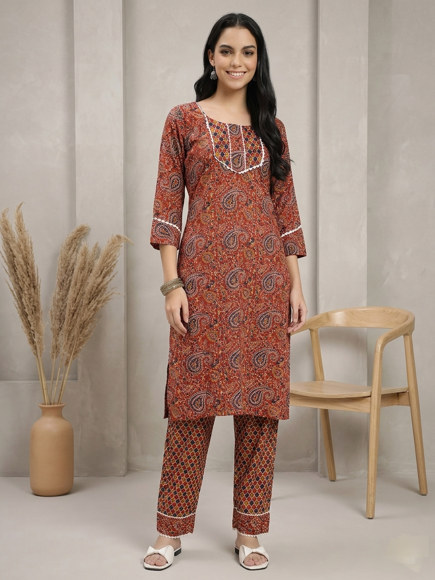 Rust Red & Brown Paisley Printed Kurta Pant Dupatta Set