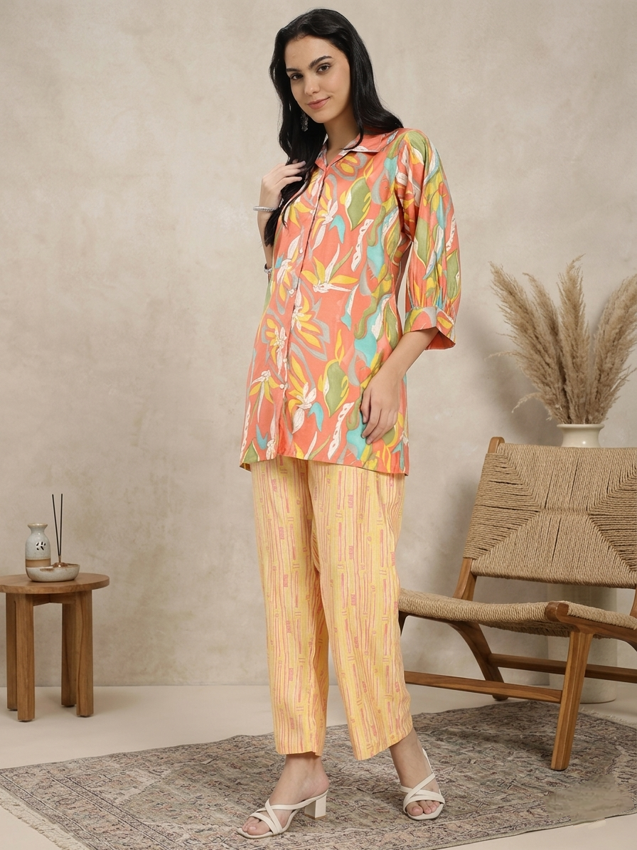 Floral Printed Co-ord Set with Shirt & Striped Palazzo pant