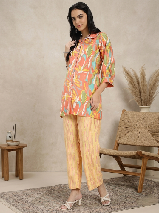Floral Printed Co-ord Set with Shirt & Striped Palazzo pant