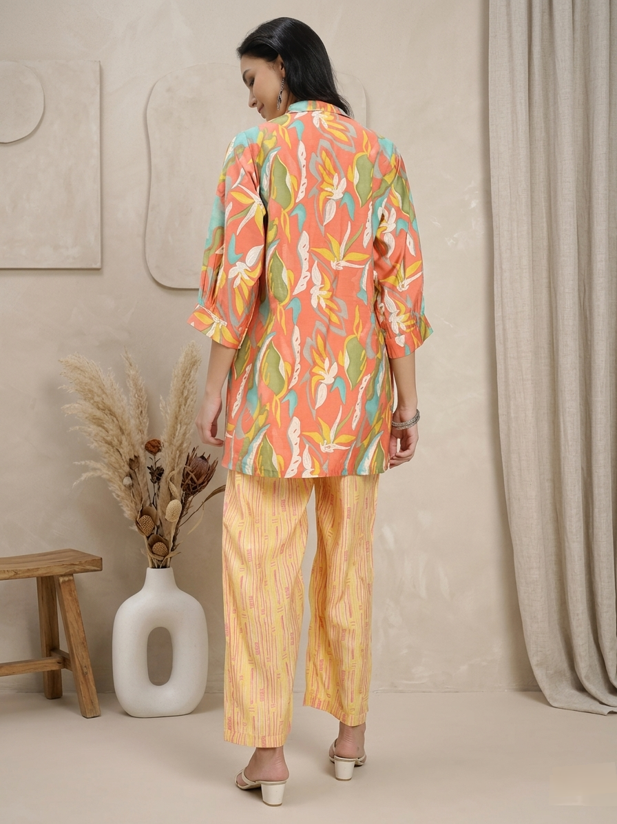 Floral Printed Co-ord Set with Shirt & Striped Palazzo pant