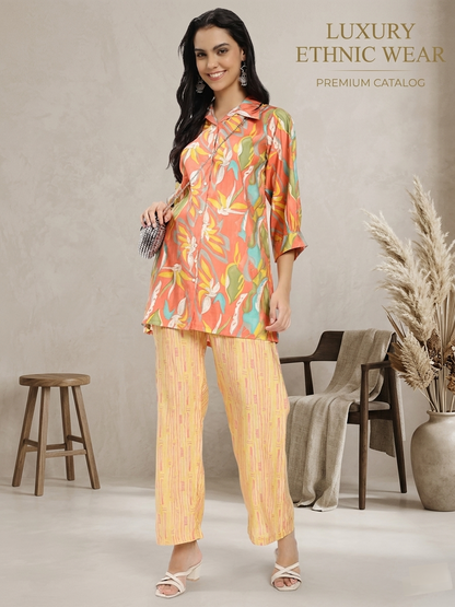 Floral Printed Co-ord Set with Shirt & Striped Palazzo pant