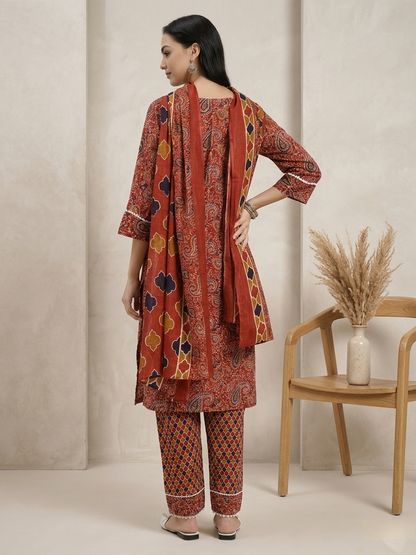 Rust Red & Brown Paisley Printed Kurta Pant Dupatta Set