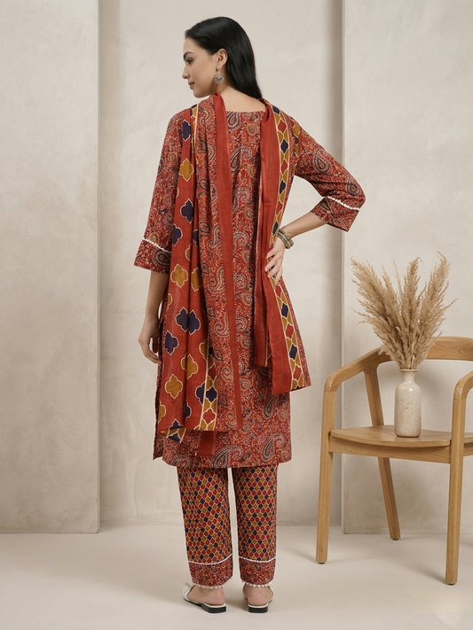 Rust Red & Brown Paisley Printed Kurta Pant Dupatta Set