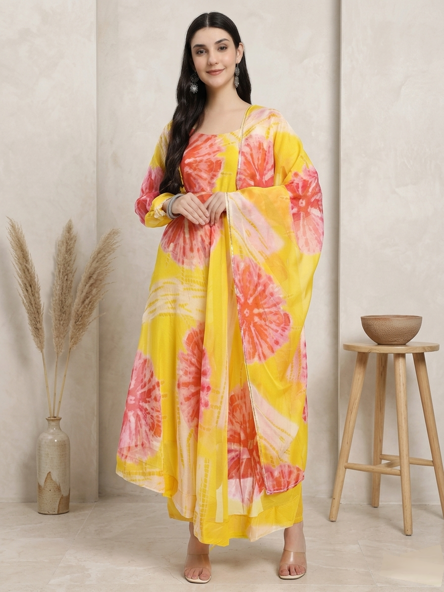 Bright Yellow Anarkali Suit Set with Abstract Floral Print and Dupatta