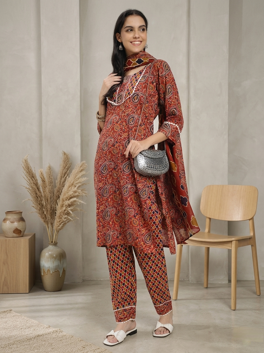 Rust Red & Brown Paisley Printed Kurta Pant Dupatta Set