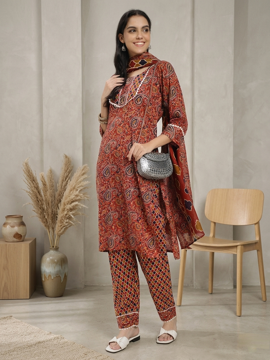 Rust Red & Brown Paisley Printed Kurta Pant Dupatta Set