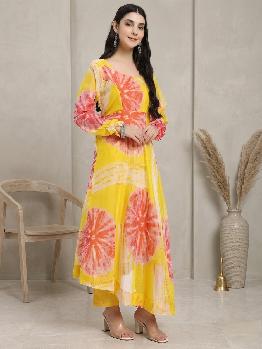 Bright Yellow Anarkali Suit Set with Abstract Floral Print and Dupatta