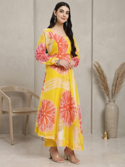 Bright Yellow Anarkali Suit Set with Abstract Floral Print and Dupatta