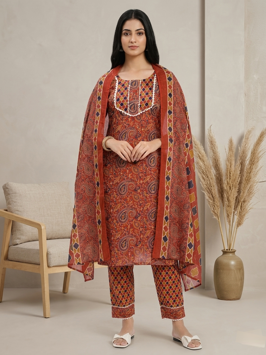 Rust Red & Brown Paisley Printed Kurta Pant Dupatta Set