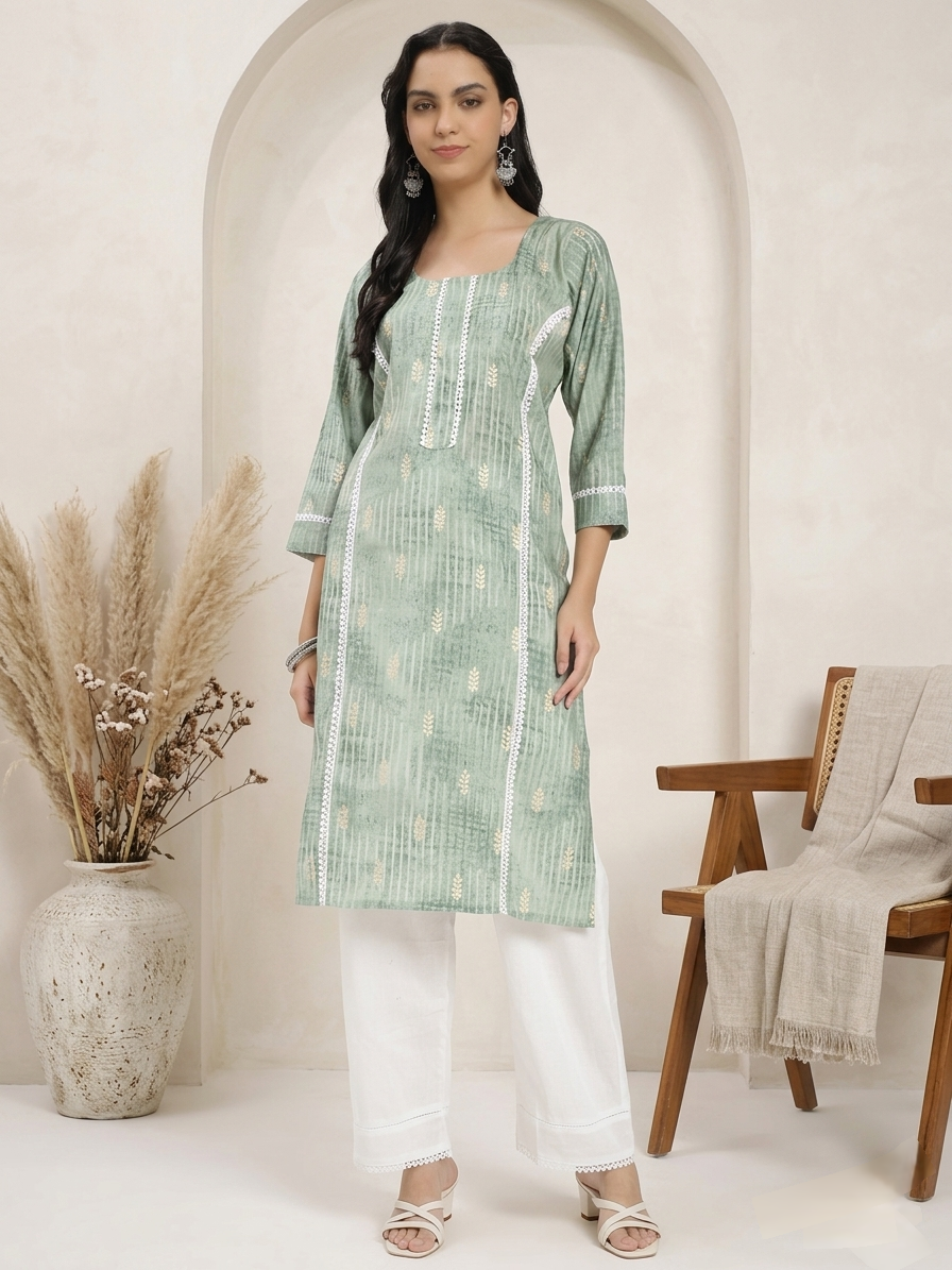 Sage Green Printed Kurta with White Straight Pants