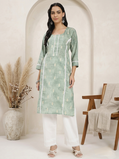 Sage Green Printed Kurta with White Straight Pants
