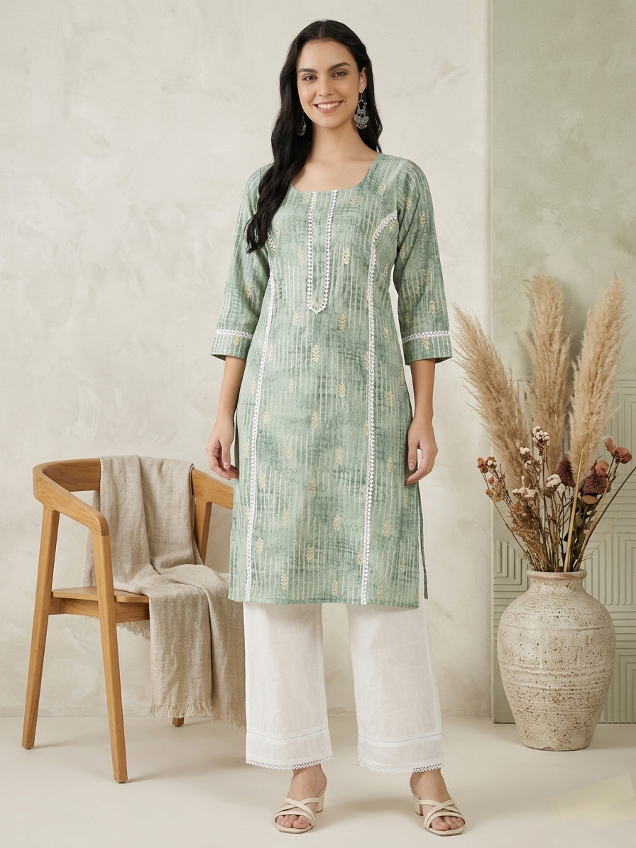 Sage Green Printed Kurta with White Straight Pants