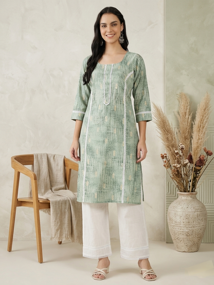 Sage Green Printed Kurta with White Straight Pants