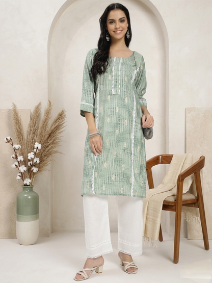 Sage Green Printed Kurta with White Straight Pants