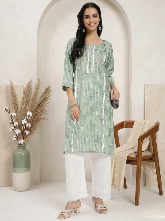 Sage Green Printed Kurta with White Straight Pants