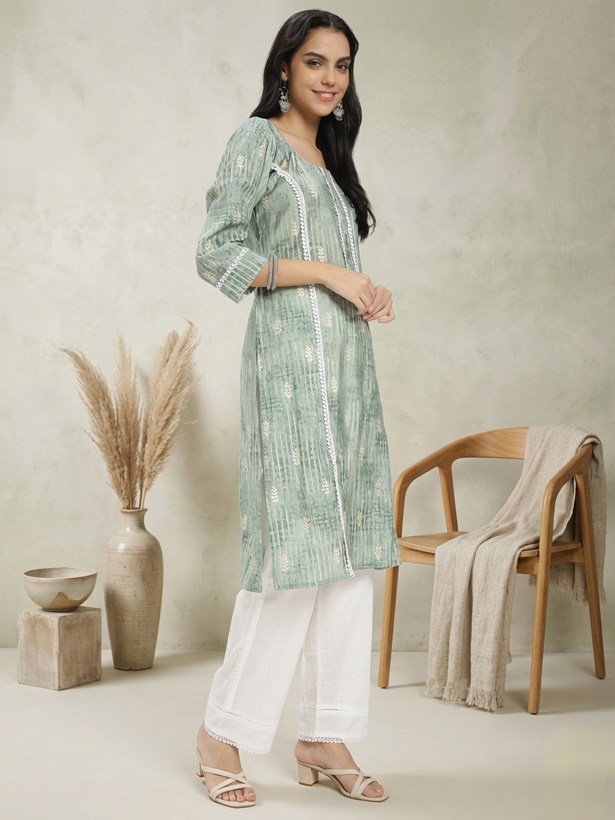 Sage Green Printed Kurta with White Straight Pants