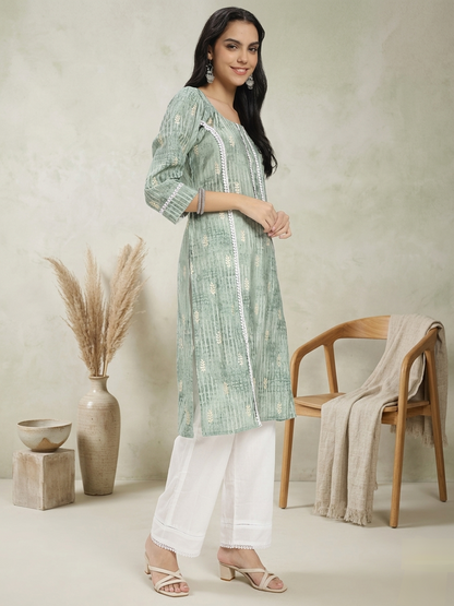 Sage Green Printed Kurta with White Straight Pants