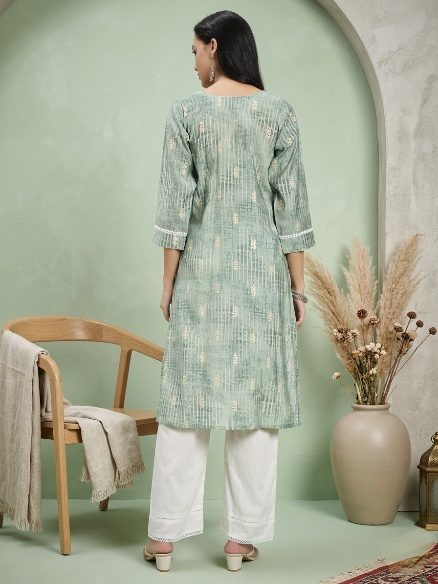 Sage Green Printed Kurta with White Straight Pants